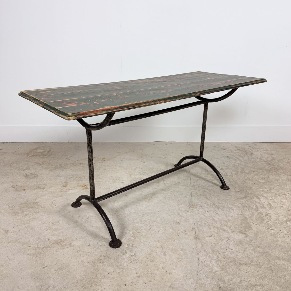 Vintage industrial bistro table with green painted wooden top