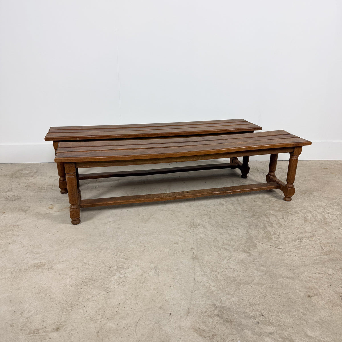 Pair of Antique Oak Benches with Turned Legs