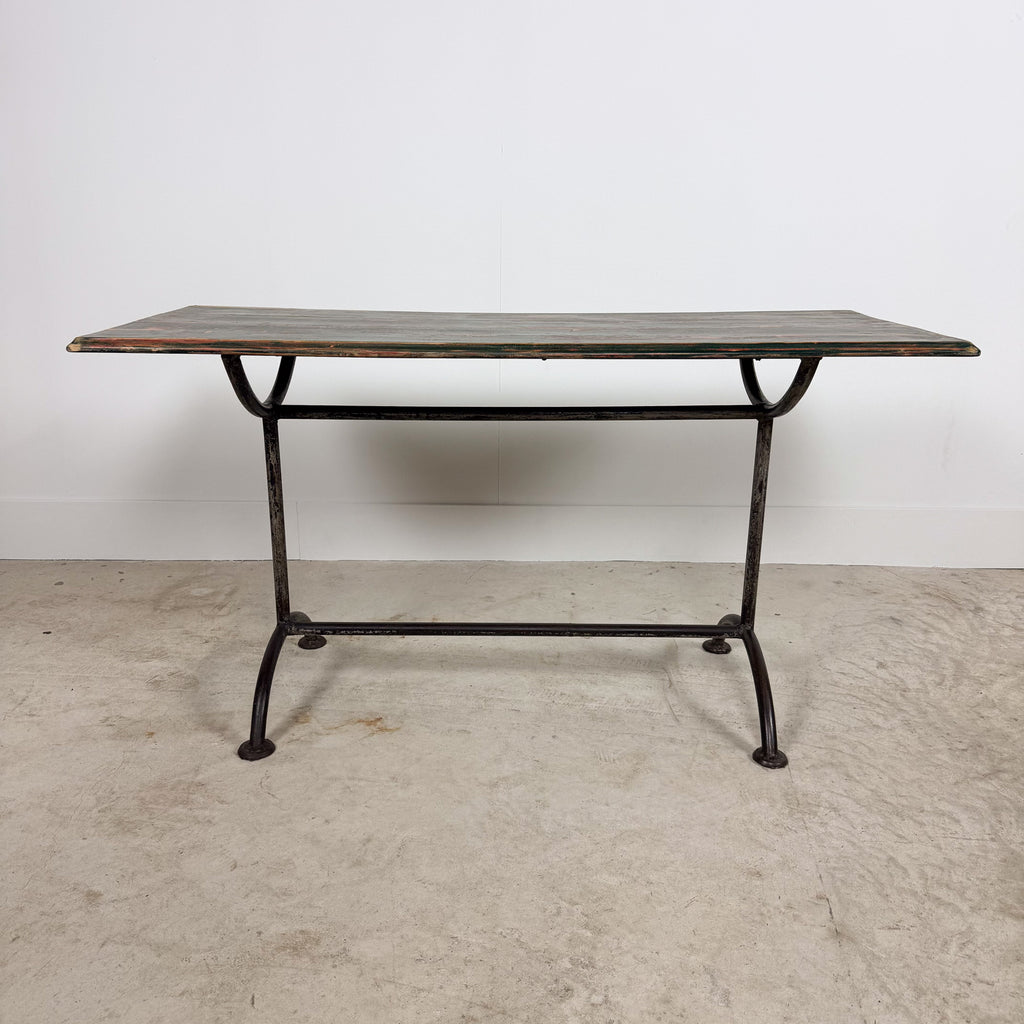 Vintage industrial bistro table with green painted wooden top