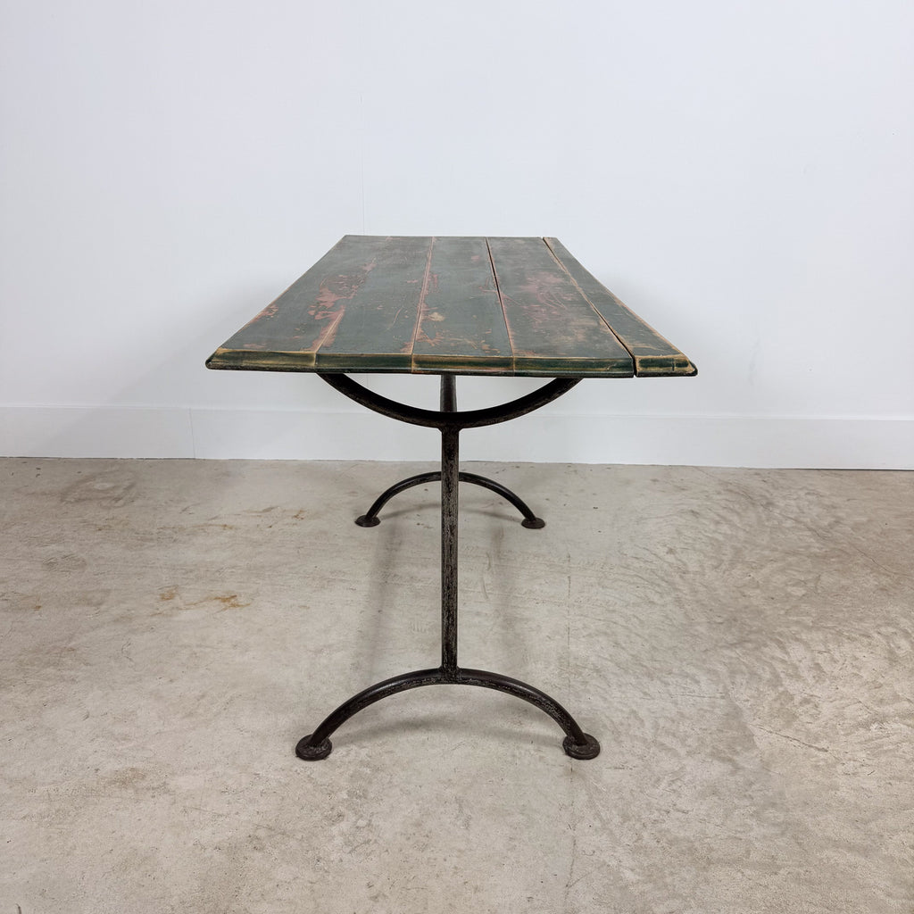 Vintage industrial bistro table with green painted wooden top