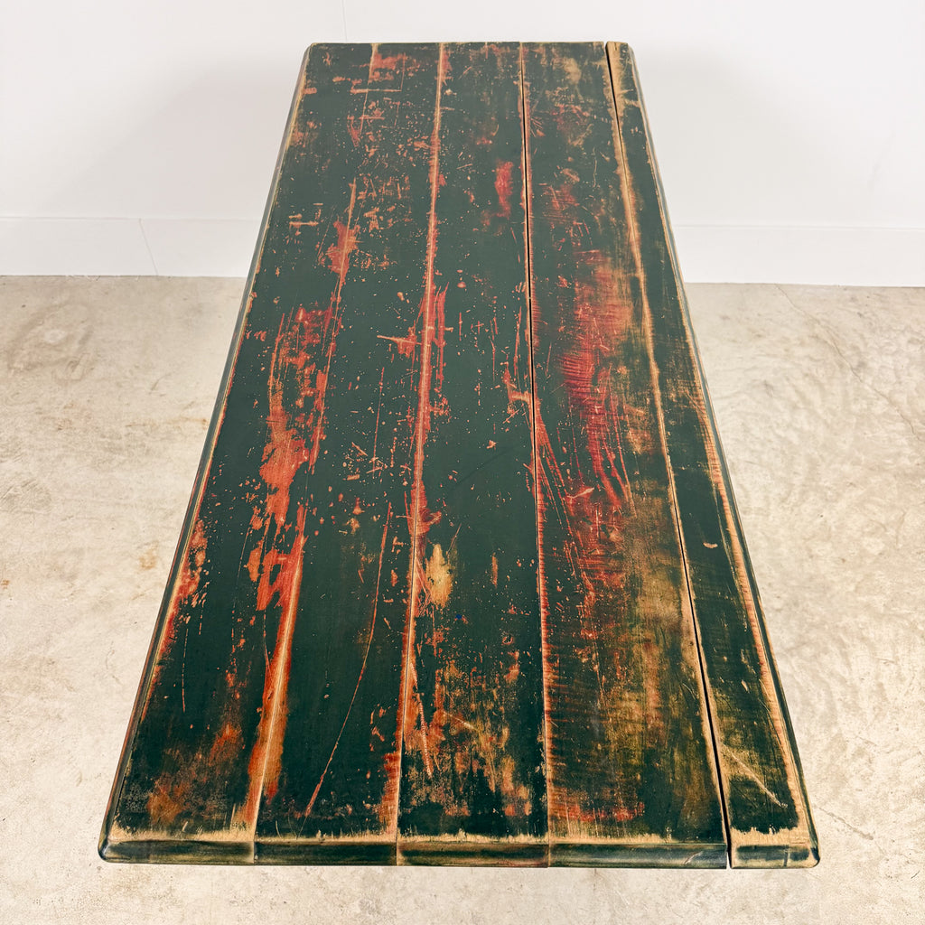 Vintage industrial bistro table with green painted wooden top