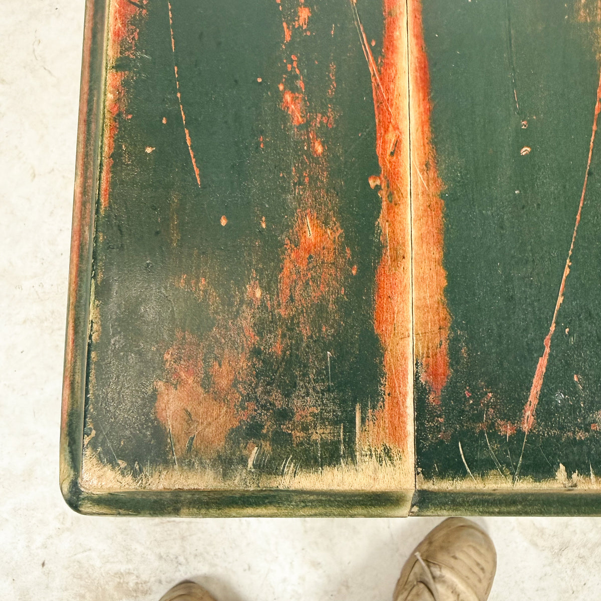 Vintage industrial bistro table with green painted wooden top