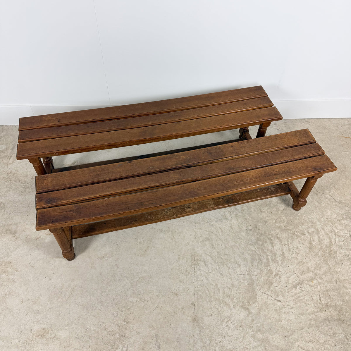 Pair of Antique Oak Benches with Turned Legs