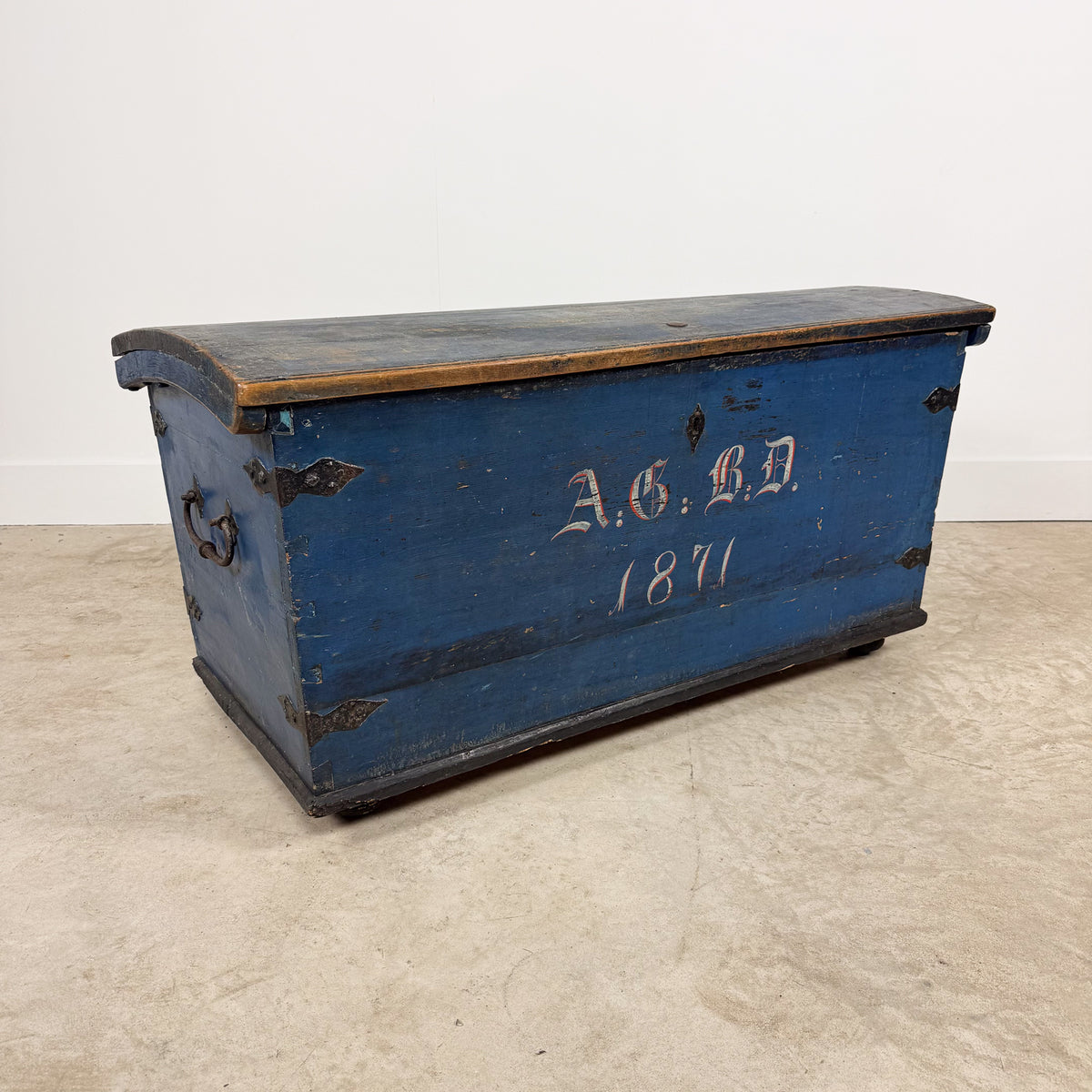 Antique Blue Painted Wooden Chest – Dated 1871