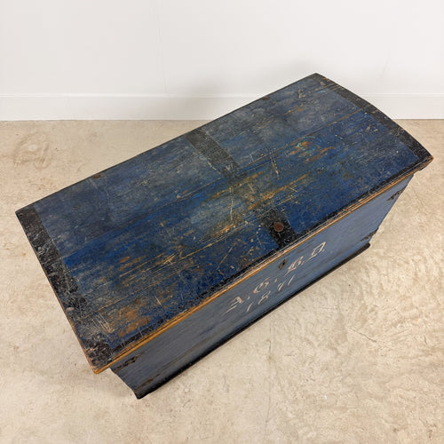 Antique Blue Painted Wooden Chest – Dated 1871