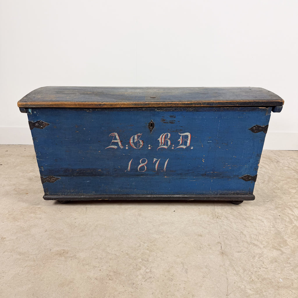 Antique Blue Painted Wooden Chest – Dated 1871
