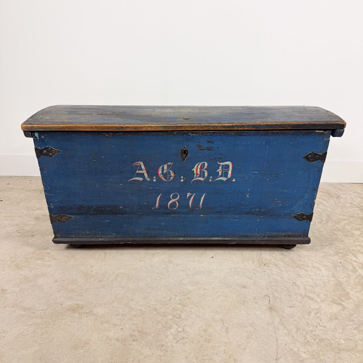 Antique Blue Painted Wooden Chest – Dated 1871