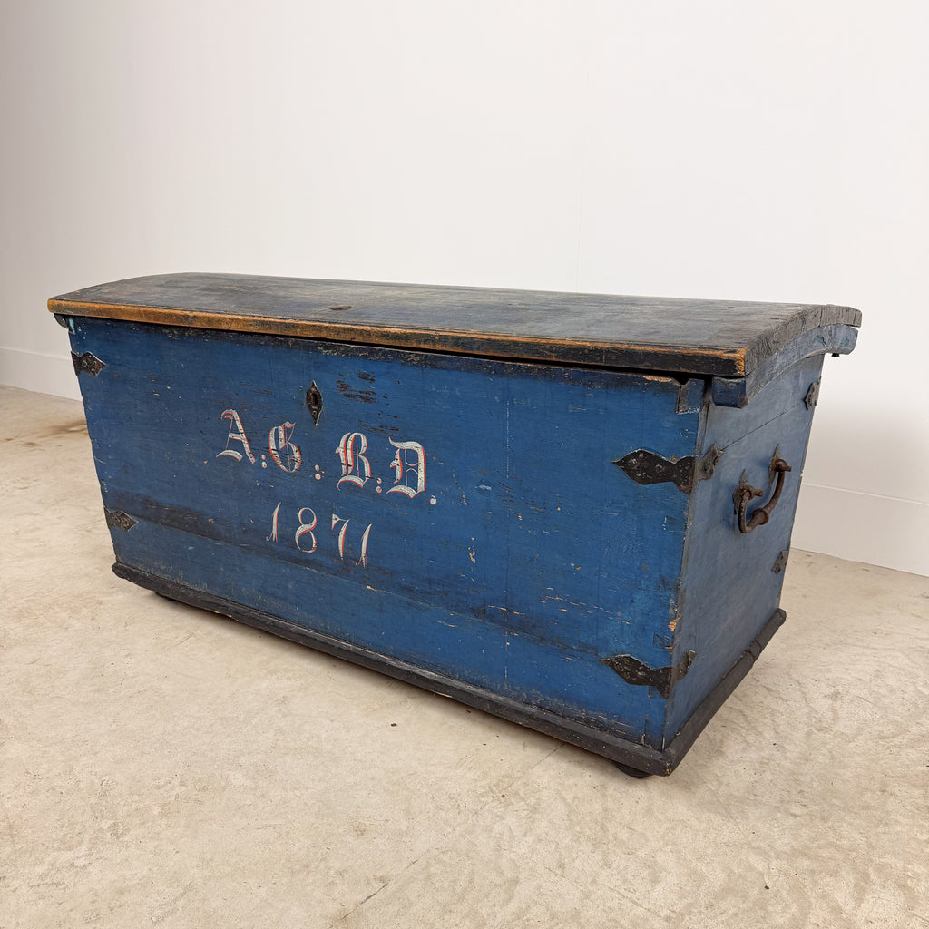 Antique Blue Painted Wooden Chest – Dated 1871