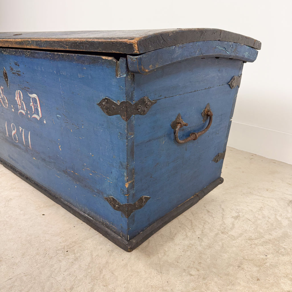 Antique Blue Painted Wooden Chest – Dated 1871