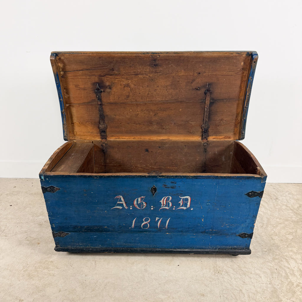 Antique Blue Painted Wooden Chest – Dated 1871