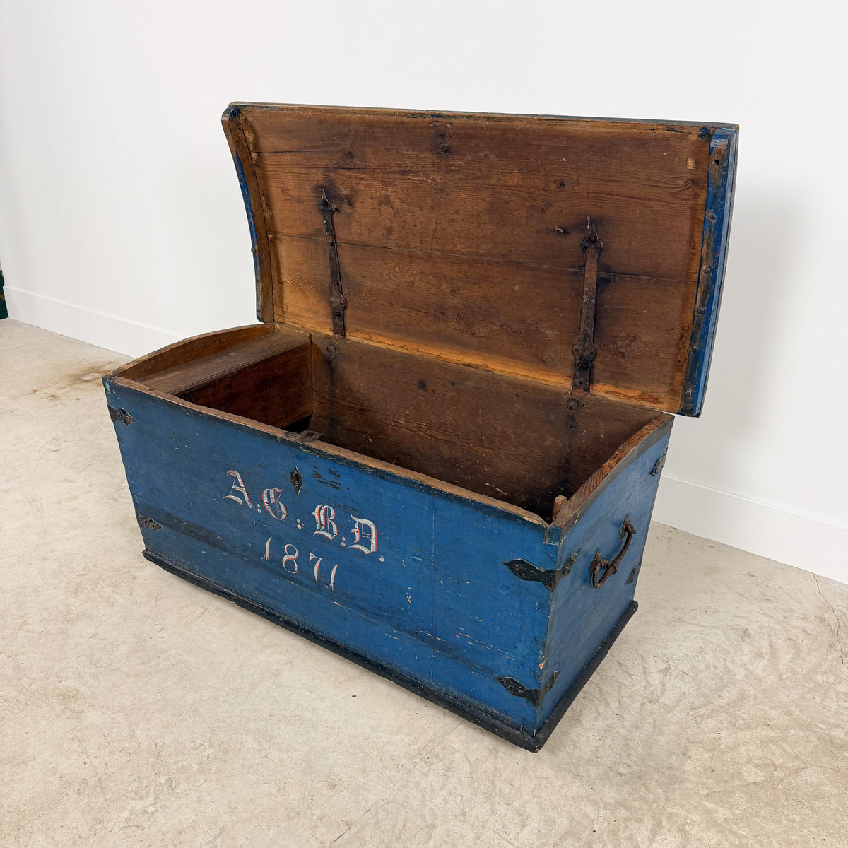 Antique Blue Painted Wooden Chest – Dated 1871