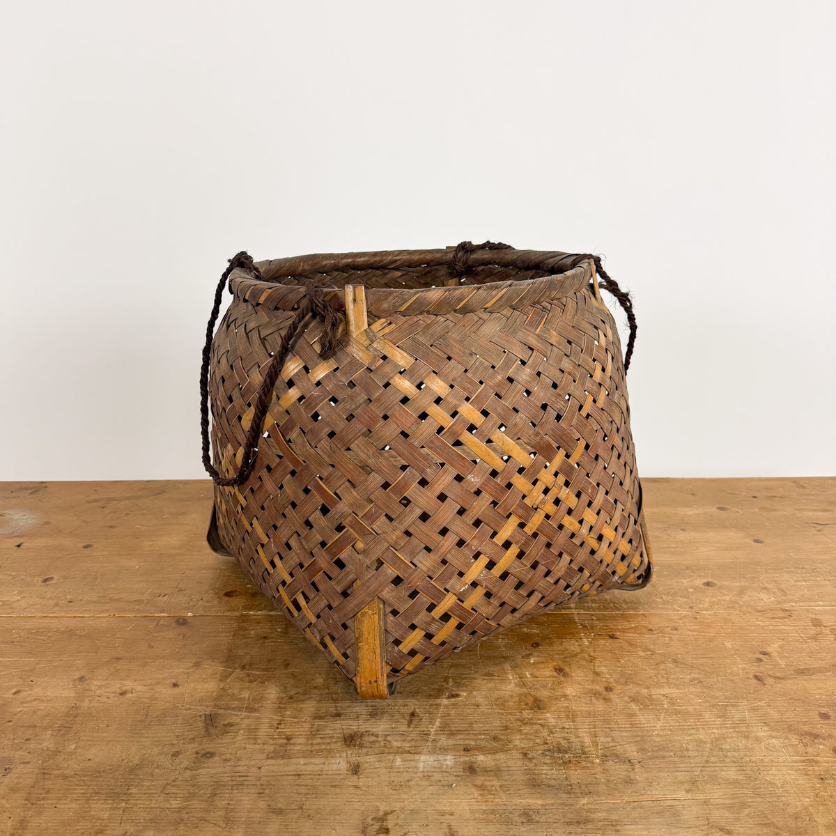 Vintage Woven Bamboo Basket with Rope Handles