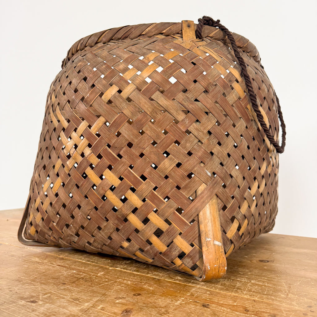 Vintage Woven Bamboo Basket with Rope Handles