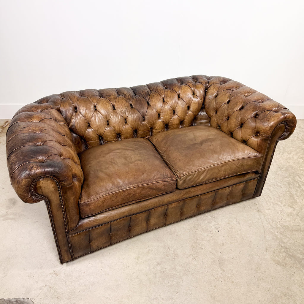 Vintage brown leather chesterfield two seater sofa