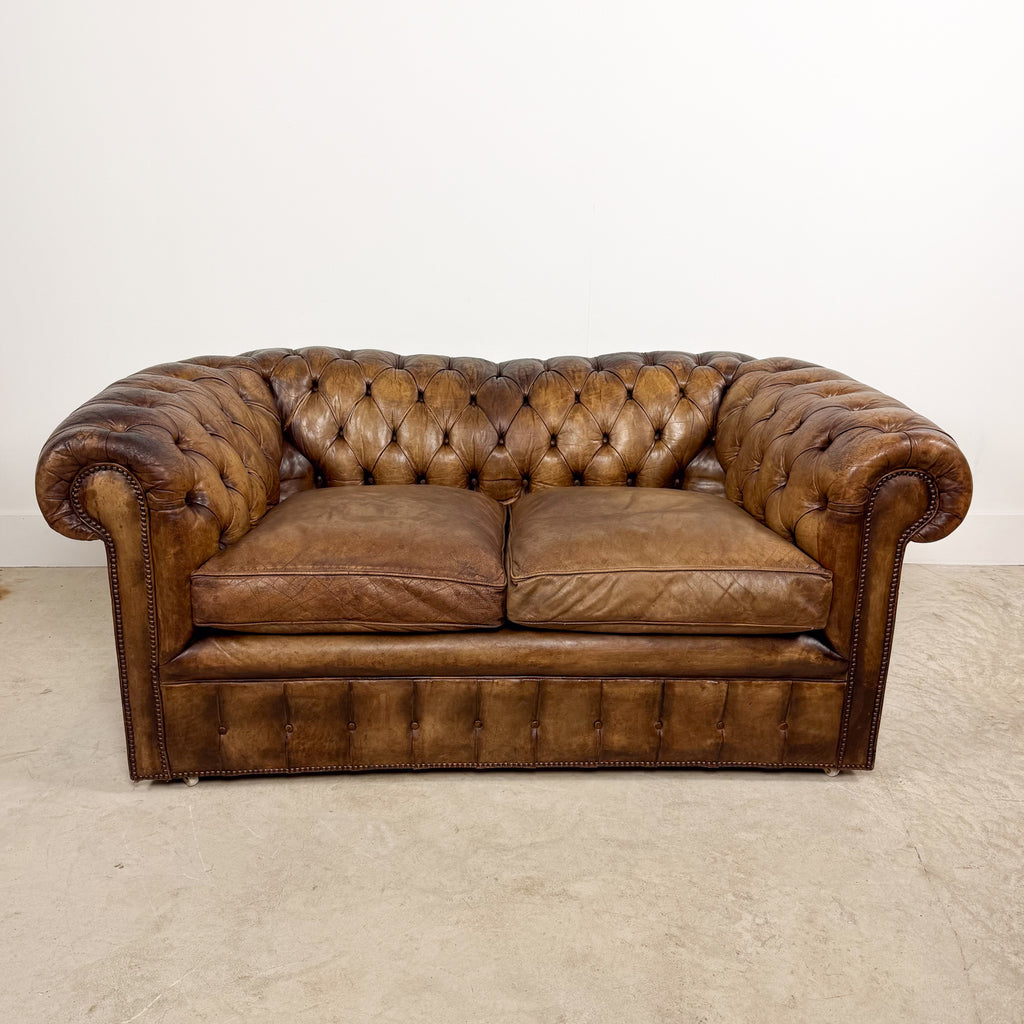 Vintage brown leather chesterfield two seater sofa