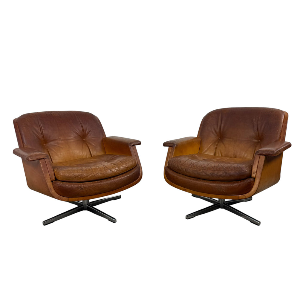 Set van vintage cognacleren draaibare fauteuils van Eugen Schmidt