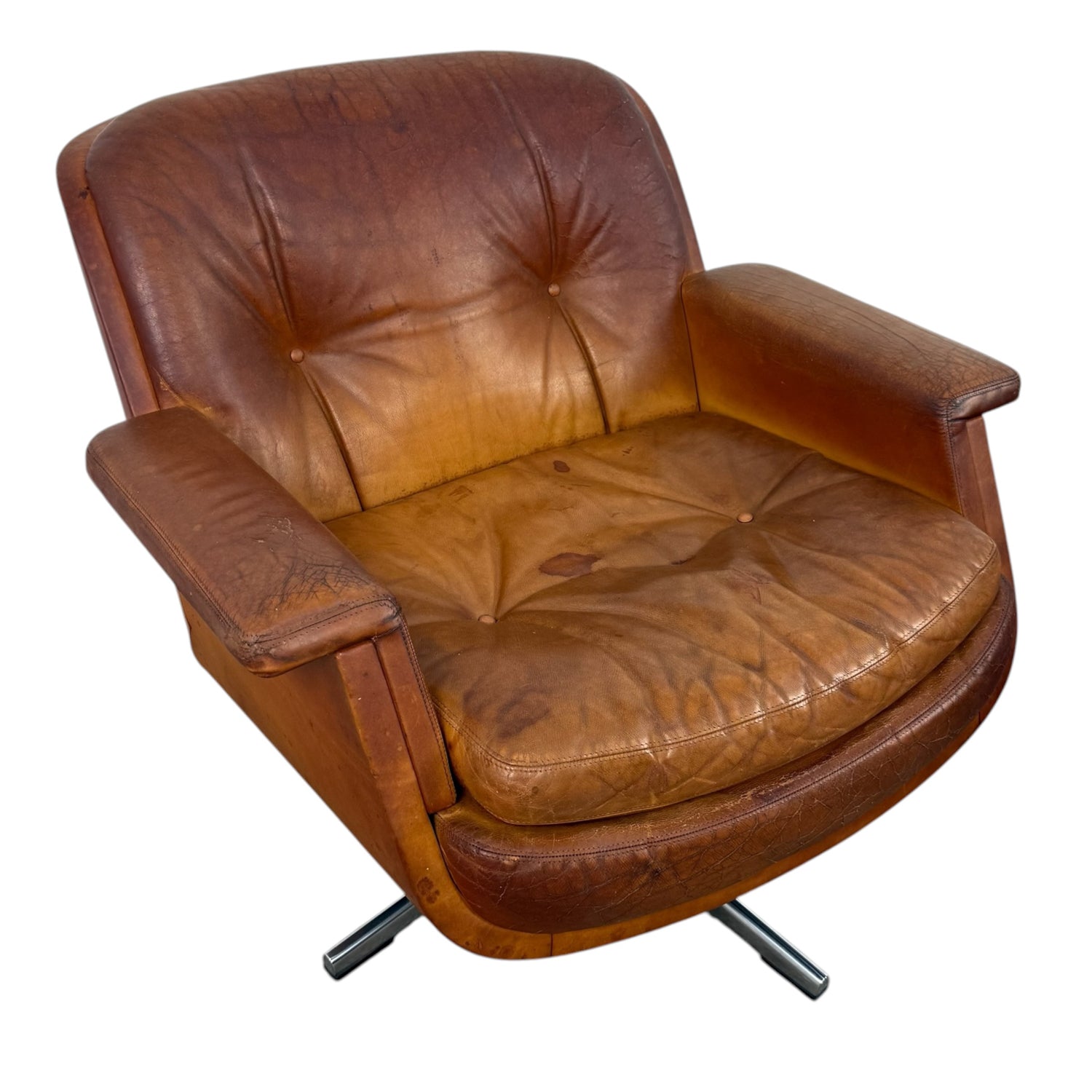 Pair of vintage cognac leather swivel lounge chairs by Eugen Schmidt