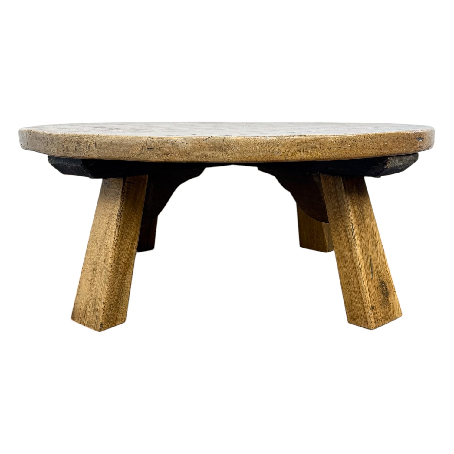 Vintage Brutalist Round Oak Coffee Table