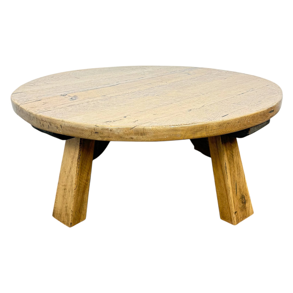 Vintage Brutalist Round Oak Coffee Table