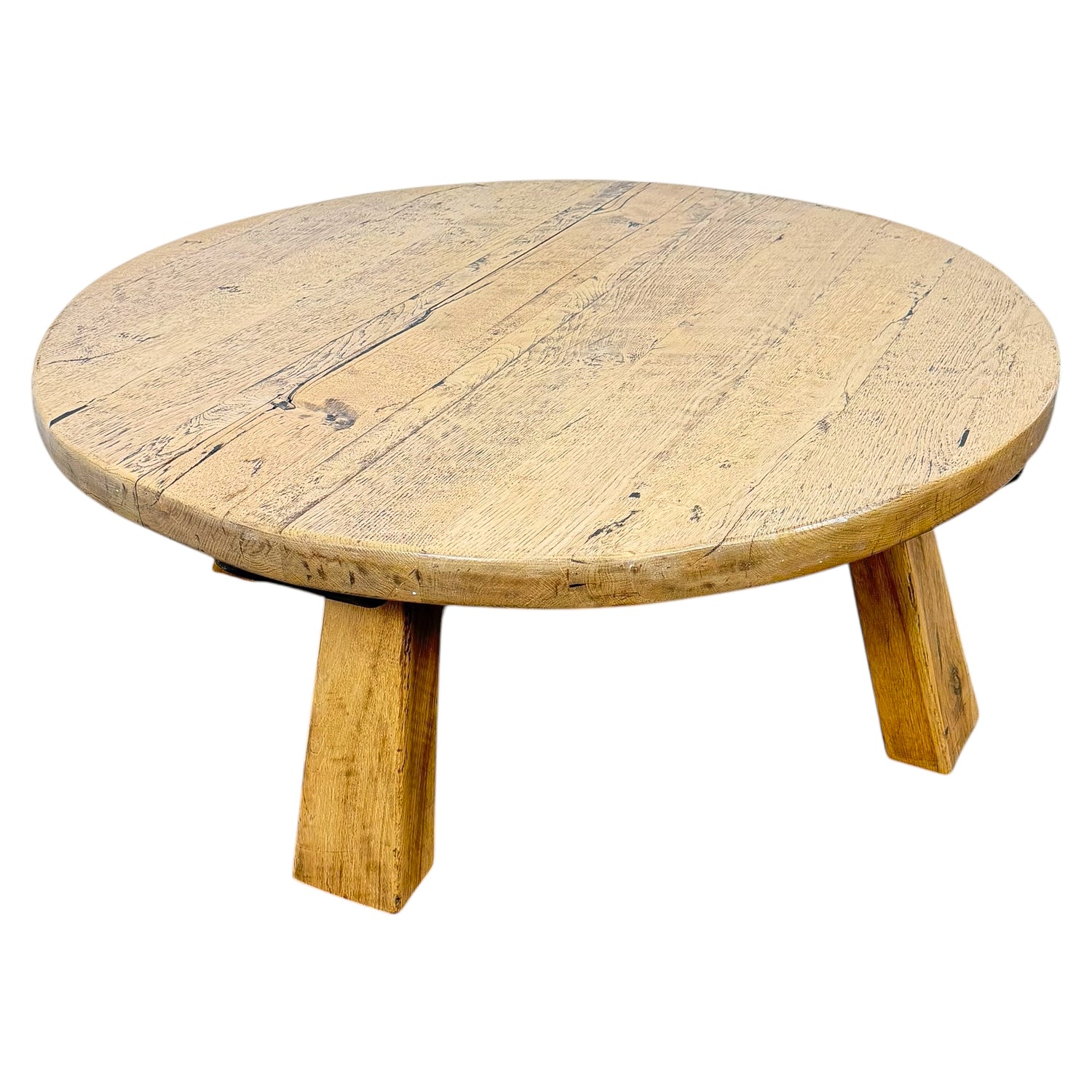 Vintage Brutalist Round Oak Coffee Table