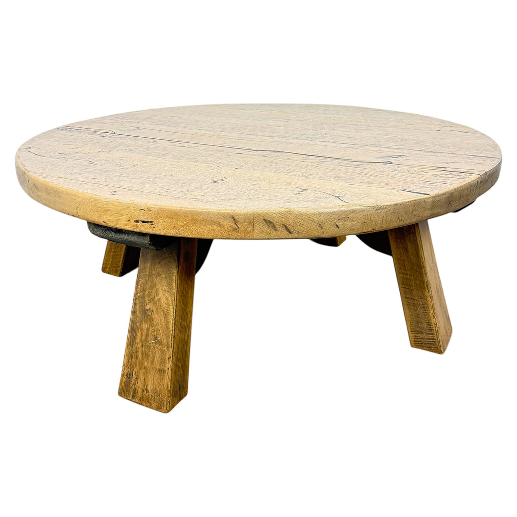 Vintage Brutalist Round Oak Coffee Table