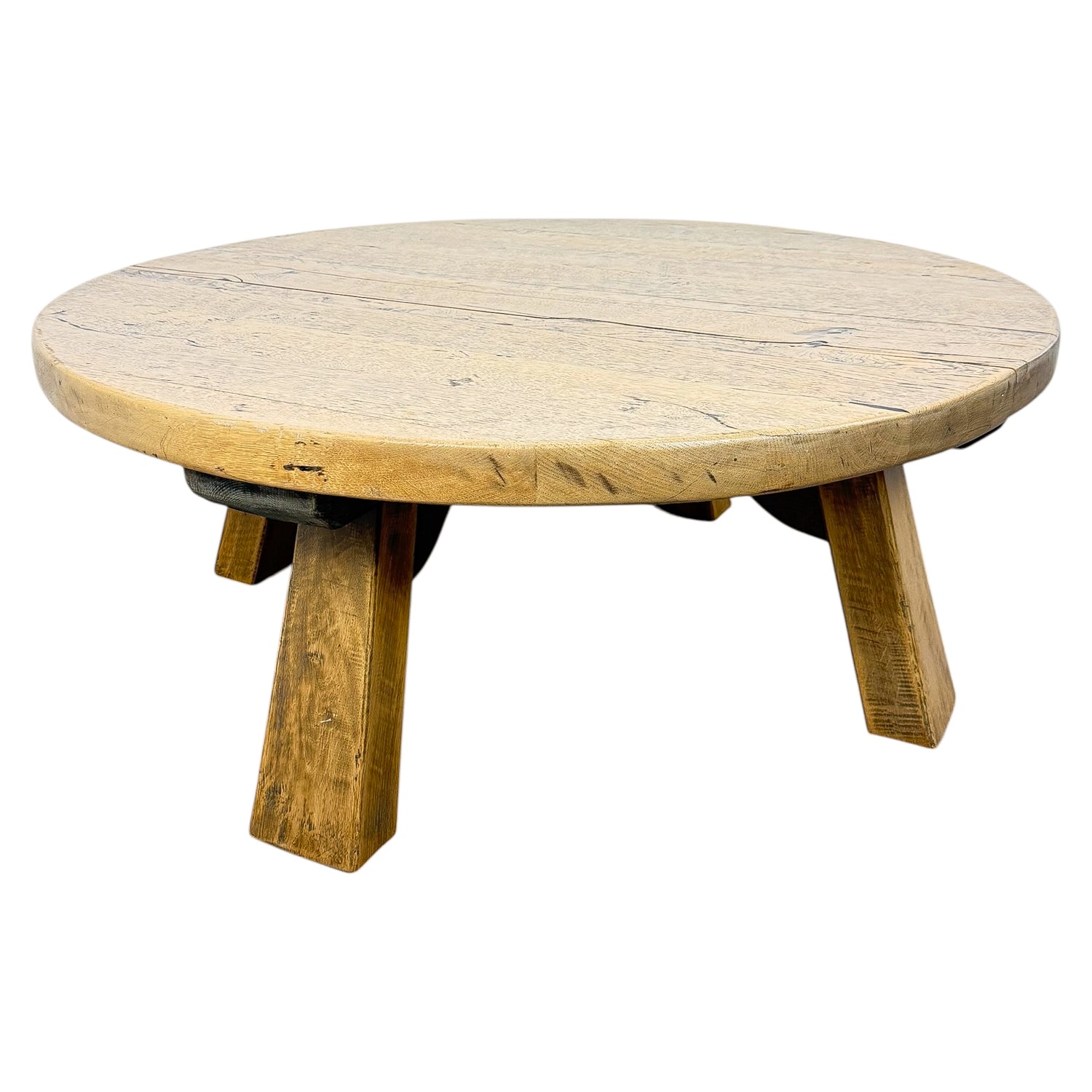 Vintage Brutalist Round Oak Coffee Table