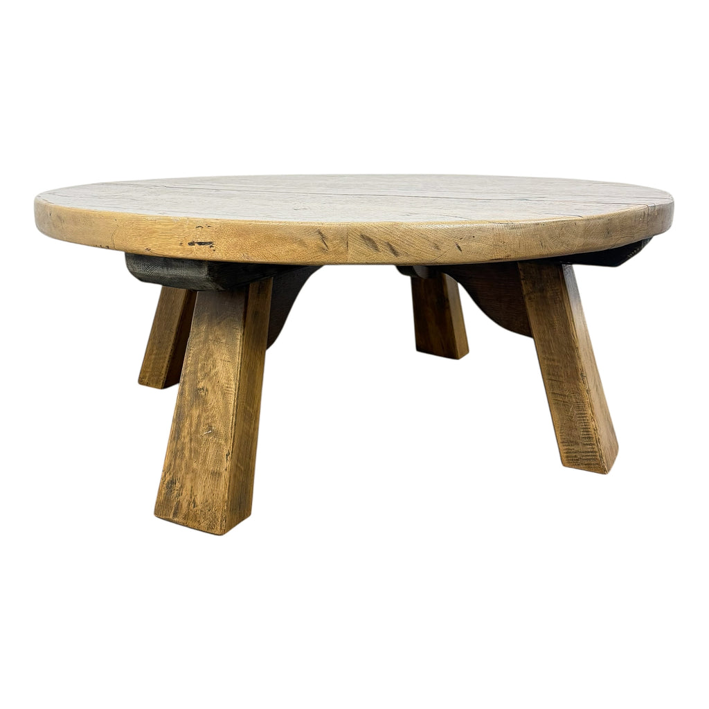 Vintage Brutalist Round Oak Coffee Table