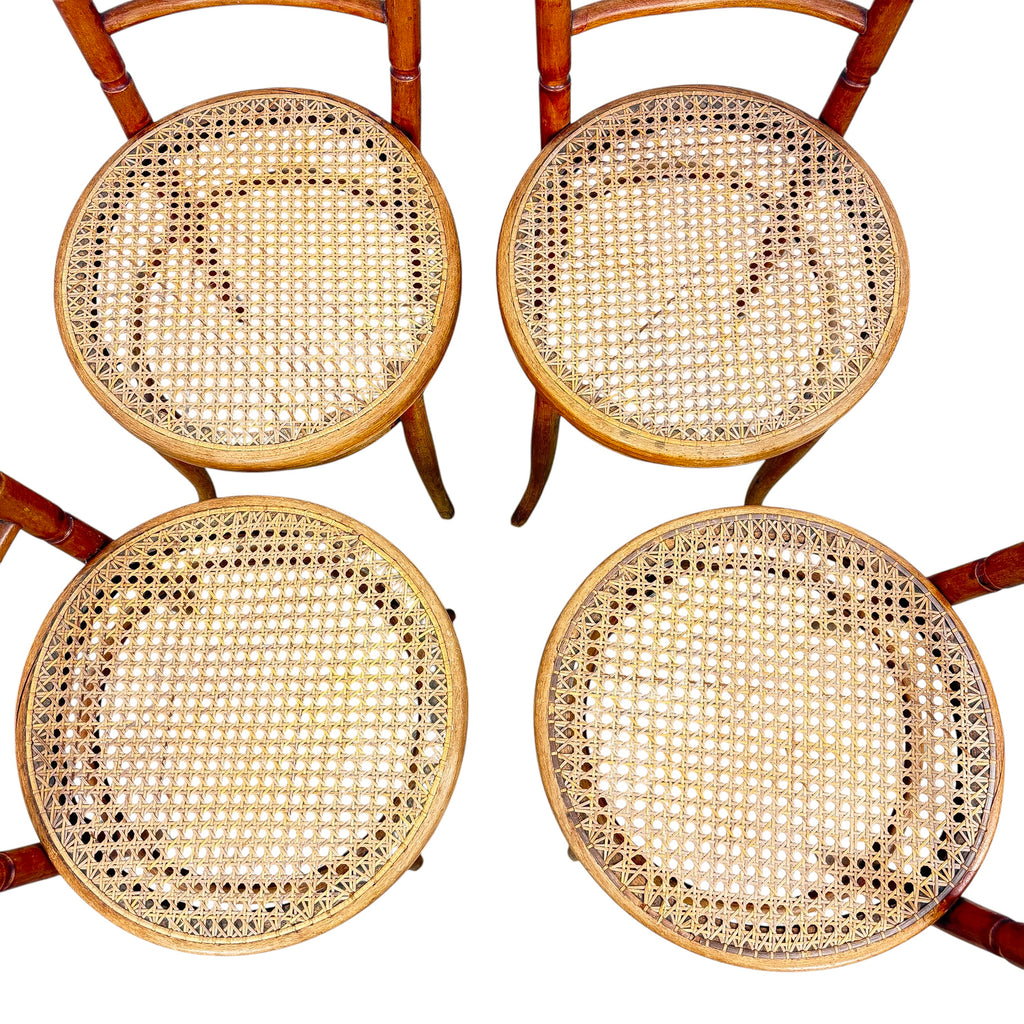 Set van vier antieke gebogenhouten caféstoelen – Thonet / Fischel stijl – webbing zittingen