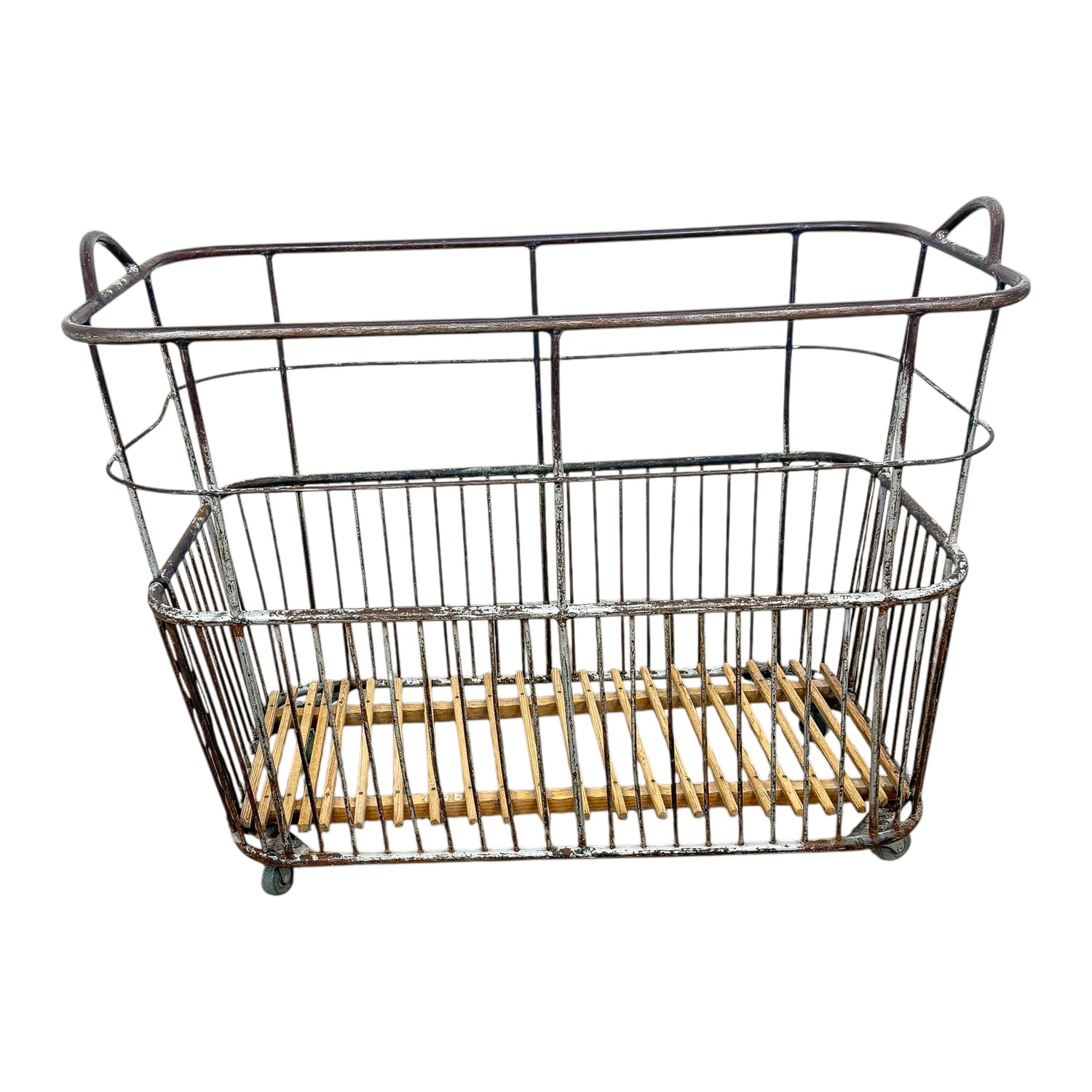 Vintage French Metal Bakery Cart long– Industrial Bread Trolley – Rolling Laundry Basket