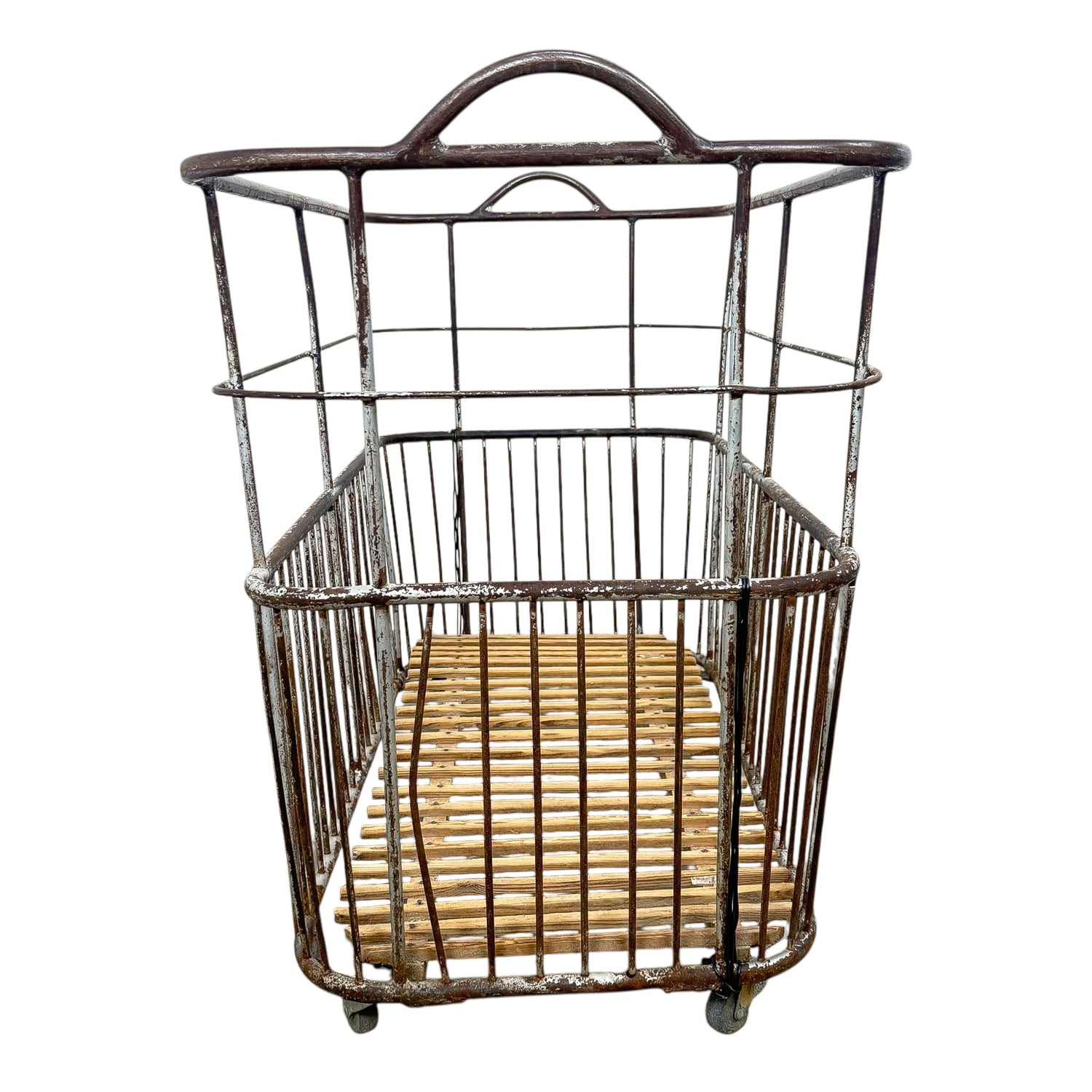 Vintage French Metal Bakery Cart long– Industrial Bread Trolley – Rolling Laundry Basket