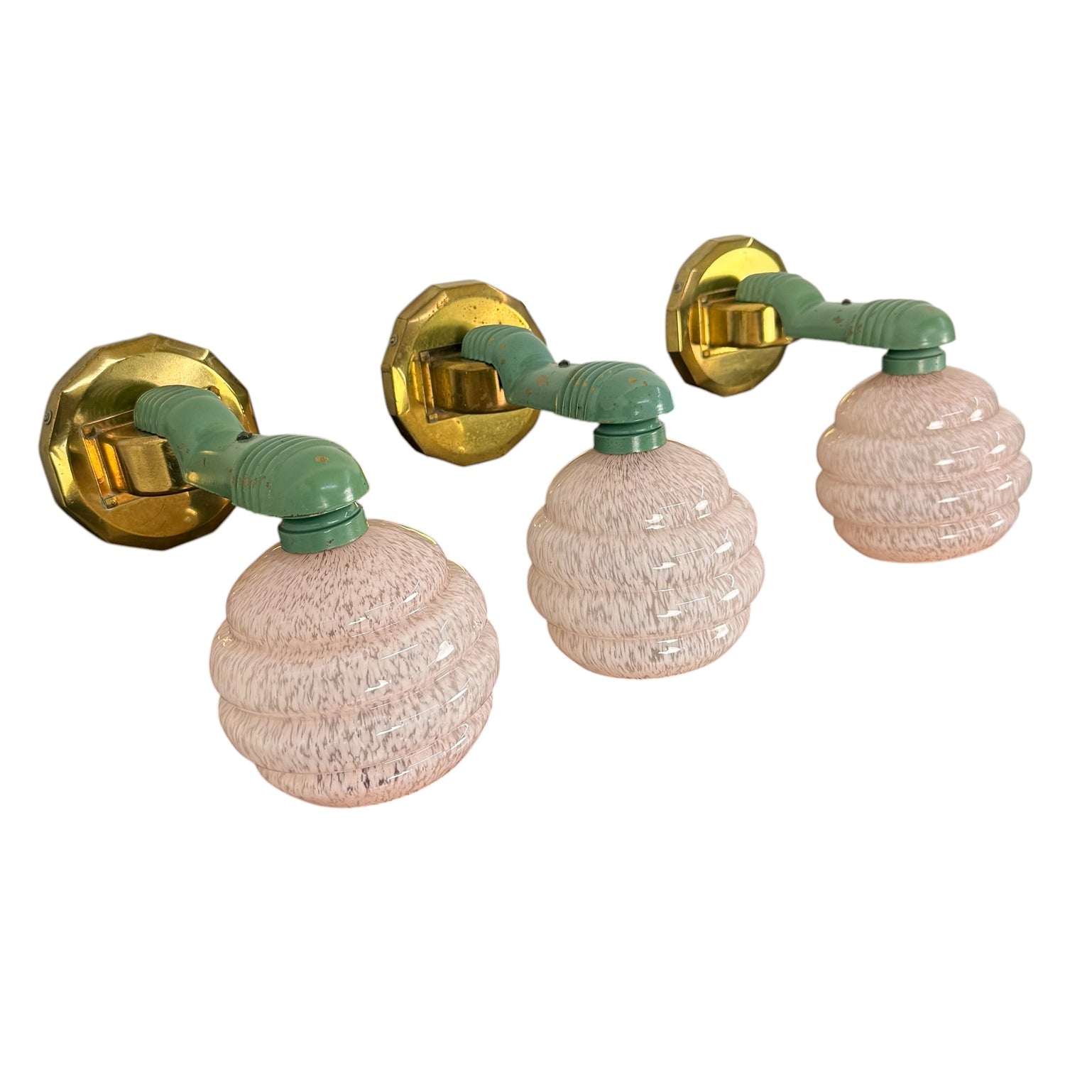 Set van drie Art Deco wandlampen met roze gevlekte glazen kappen