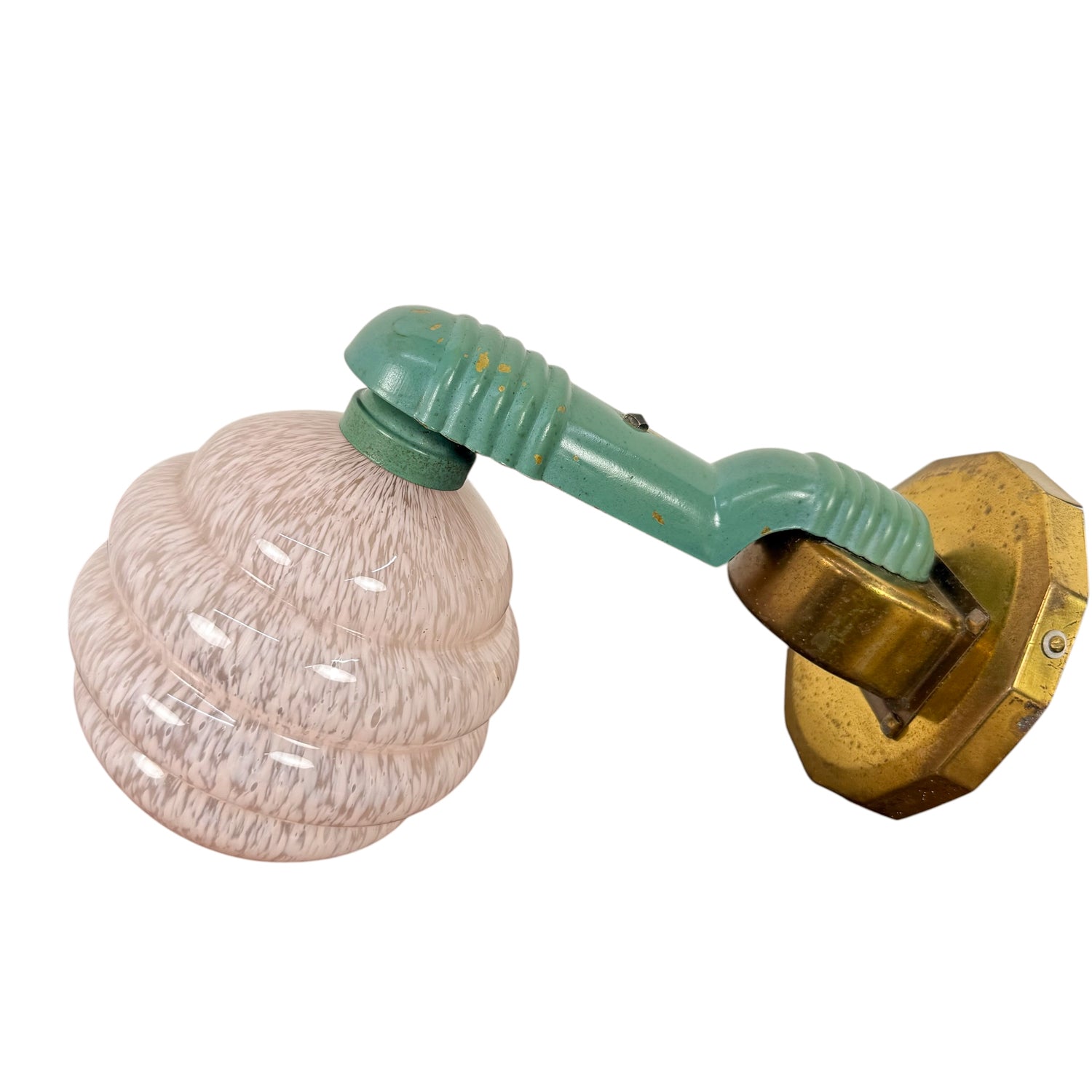 Set van drie Art Deco wandlampen met roze gevlekte glazen kappen