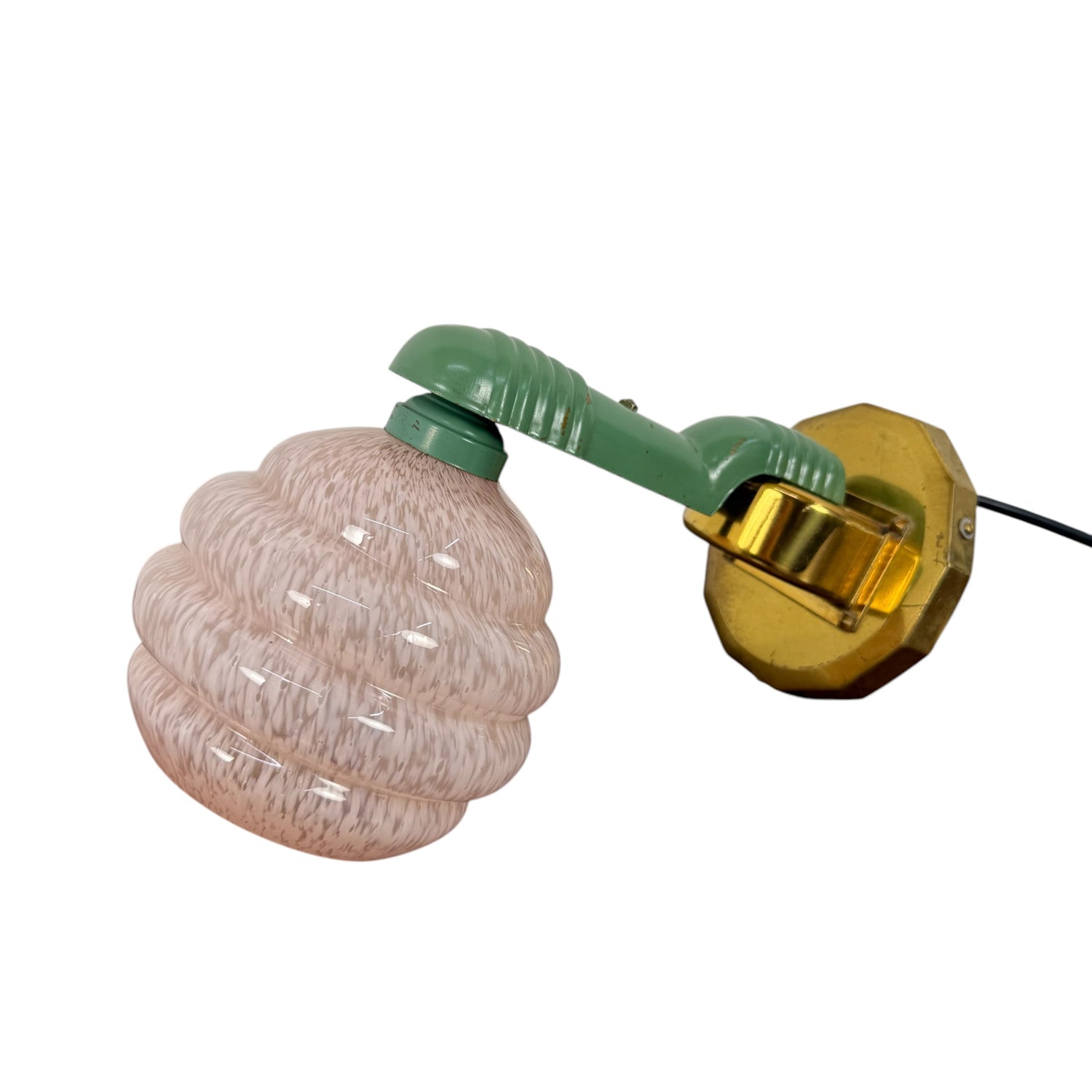 Set van drie Art Deco wandlampen met roze gevlekte glazen kappen