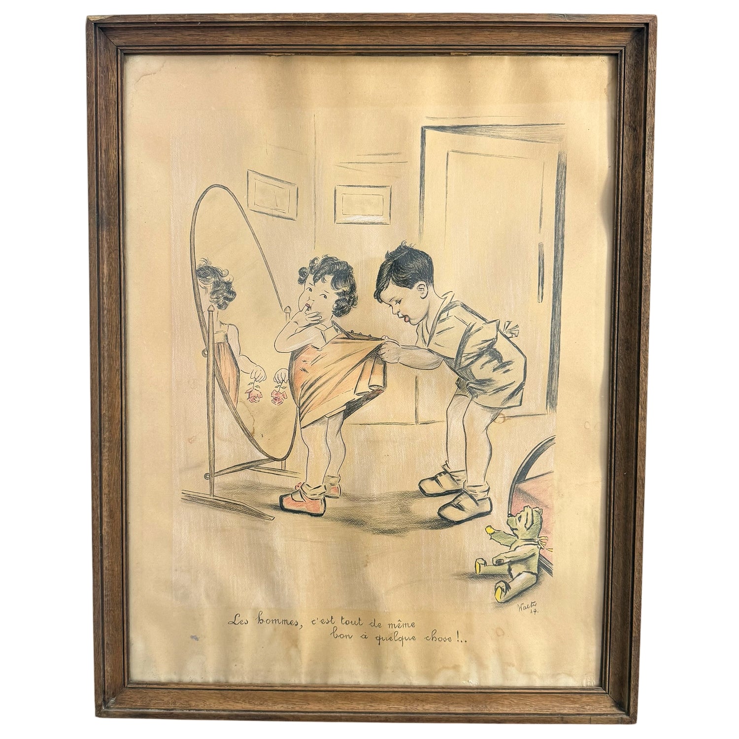 Antique French Drawing – "Men Are Good for Something After All!
