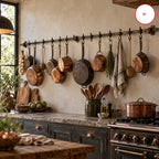 Antique industrial kitchen pot rack in copper with adjustable hooks