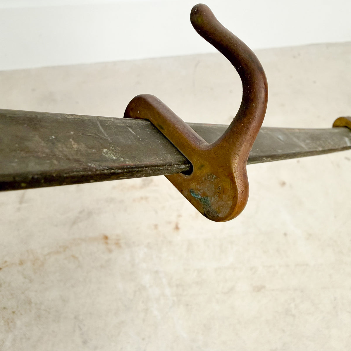 Antique industrial kitchen pot rack in copper with adjustable hooks