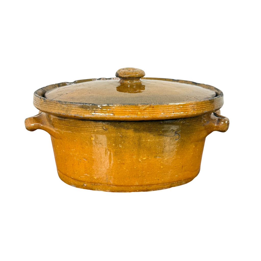 Antique French Terracotta Casserole Dish with Lid