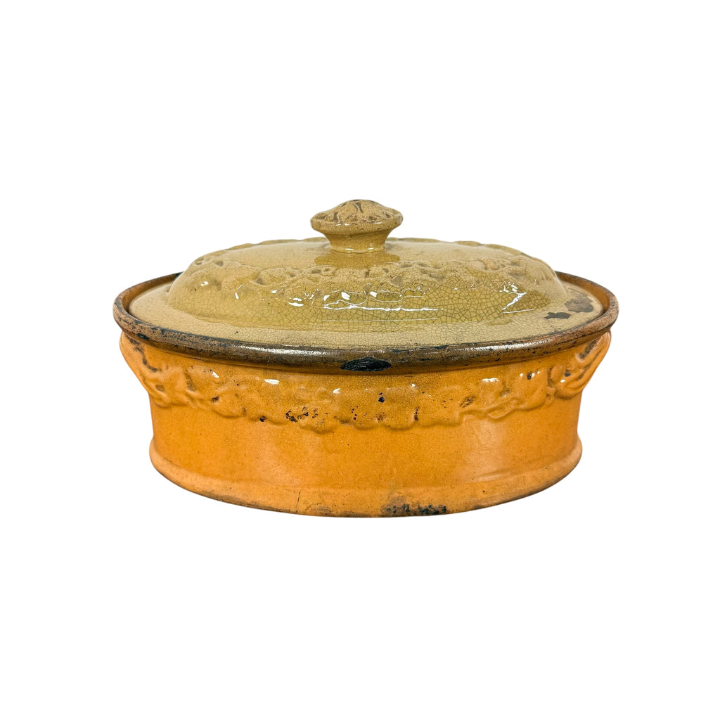Antique French Terracotta Casserole Dish with Lid