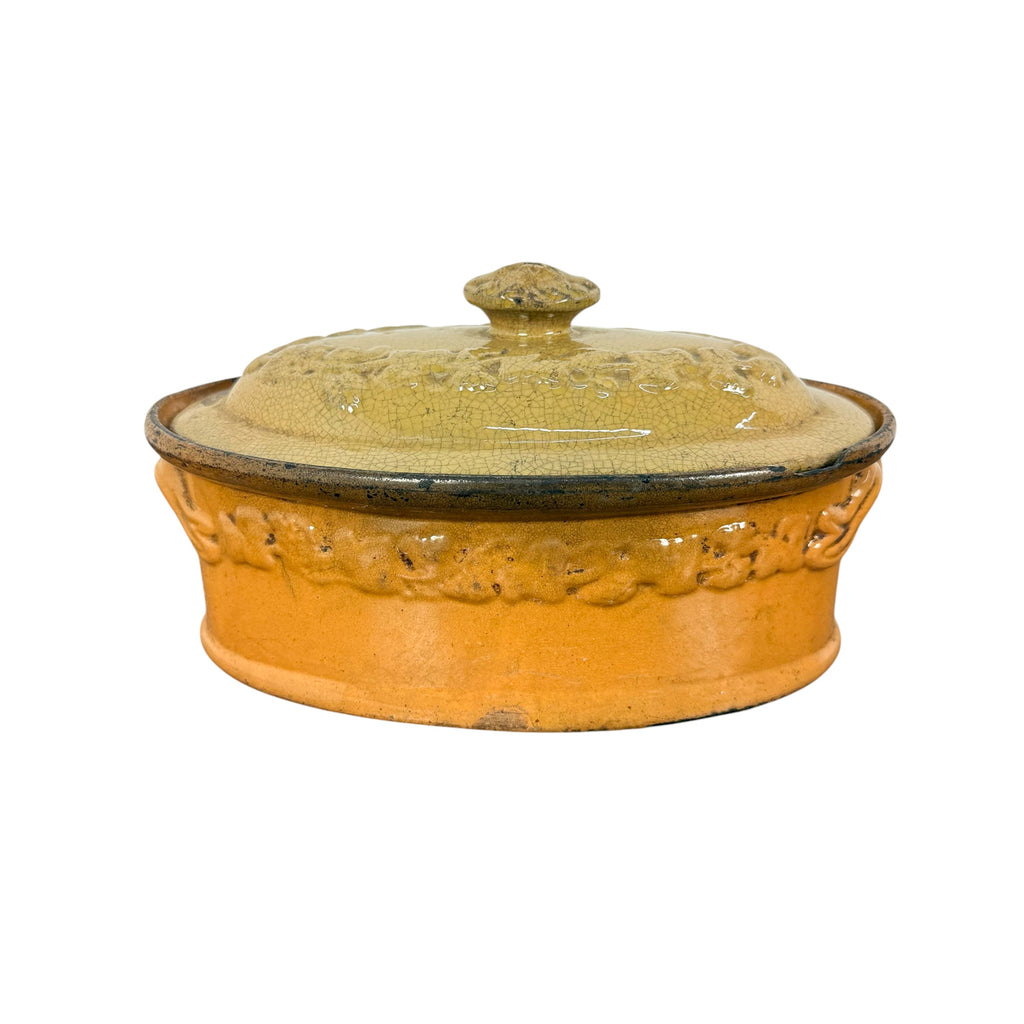 Antique French Terracotta Casserole Dish with Lid