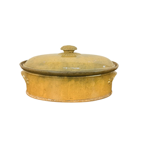 Antique French Oval Terracotta Casserole Dish with Lid