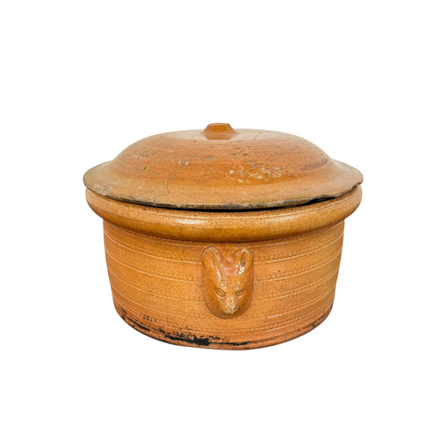 Antique French Terracotta Cooking Pot with Lion Heads