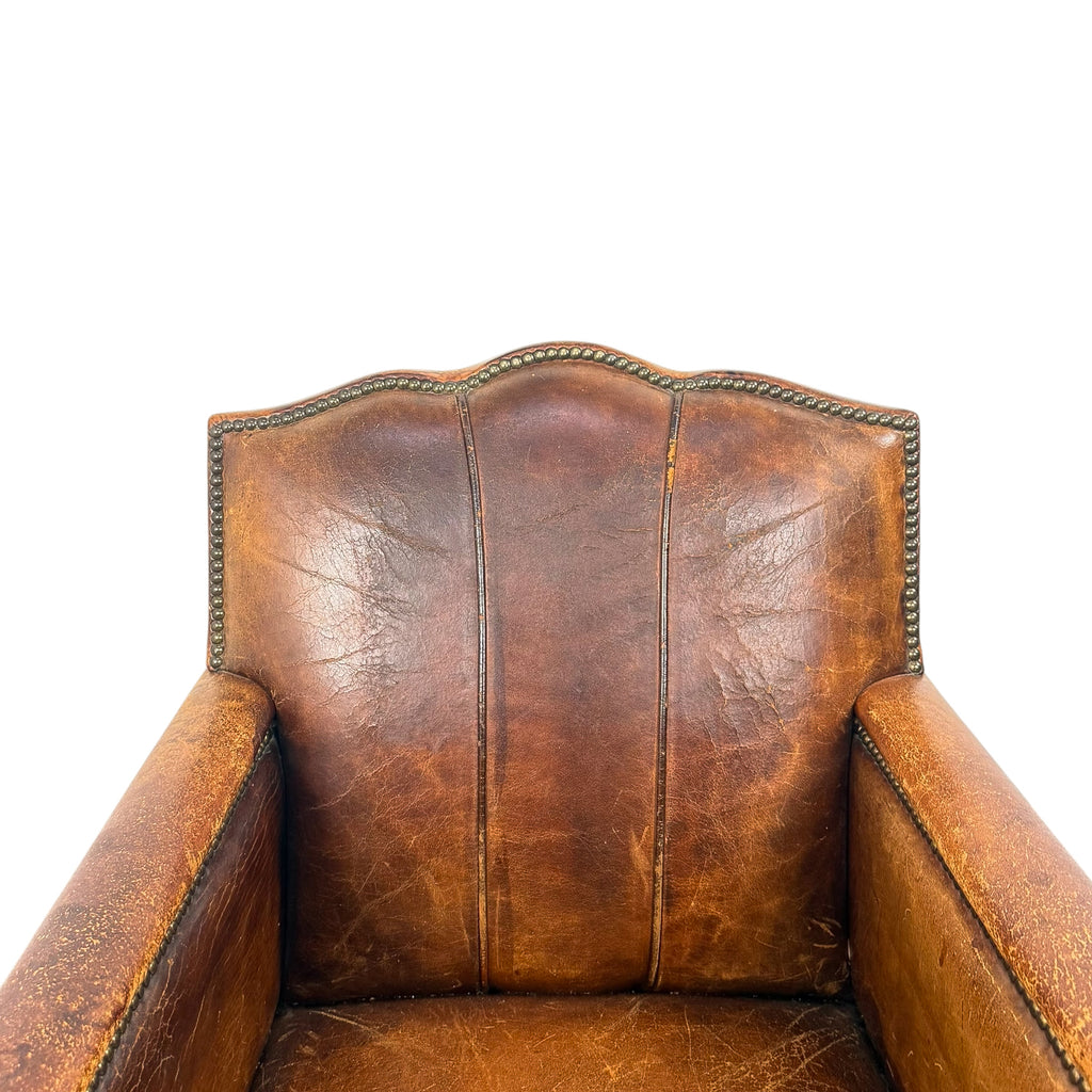Antieke Franse moustache fauteuil – cognac leren clubstoel – begin 20e eeuw
