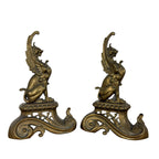 Pair of Antique Art Nouveau Brass Griffin Andirons