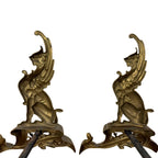 Pair of Antique Art Nouveau Brass Griffin Andirons