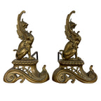 Pair of Antique Art Nouveau Brass Griffin Andirons