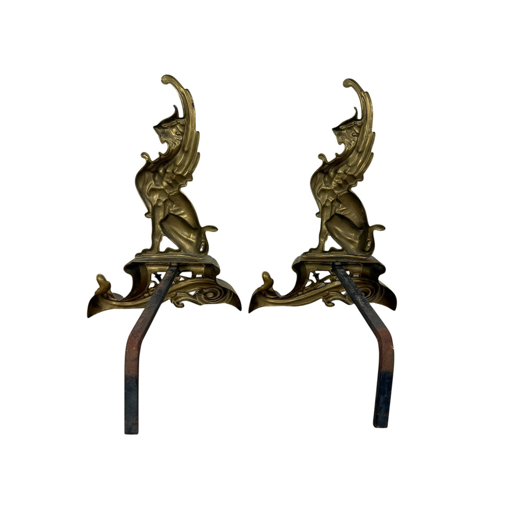 Paar antieke Art Nouveau messing haardbokken – griffioen mythologische vuurbokken