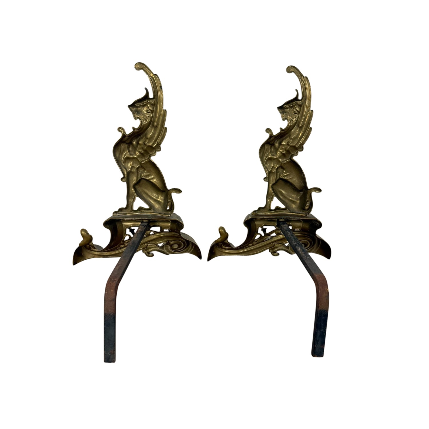 Paar antieke Art Nouveau messing haardbokken – griffioen mythologische vuurbokken