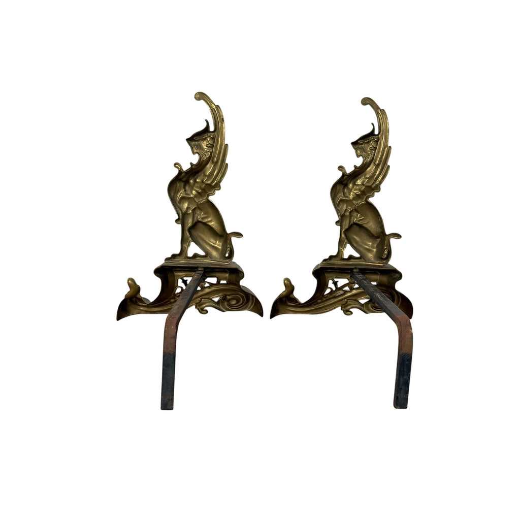 Paar antieke Art Nouveau messing haardbokken – griffioen mythologische vuurbokken