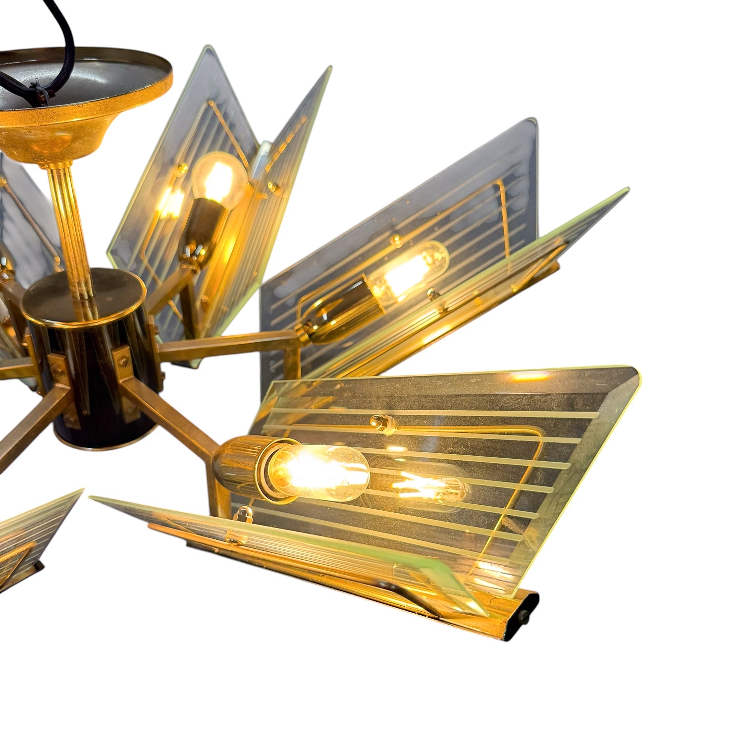 Vintage brass & etched glass chandelier by Massive