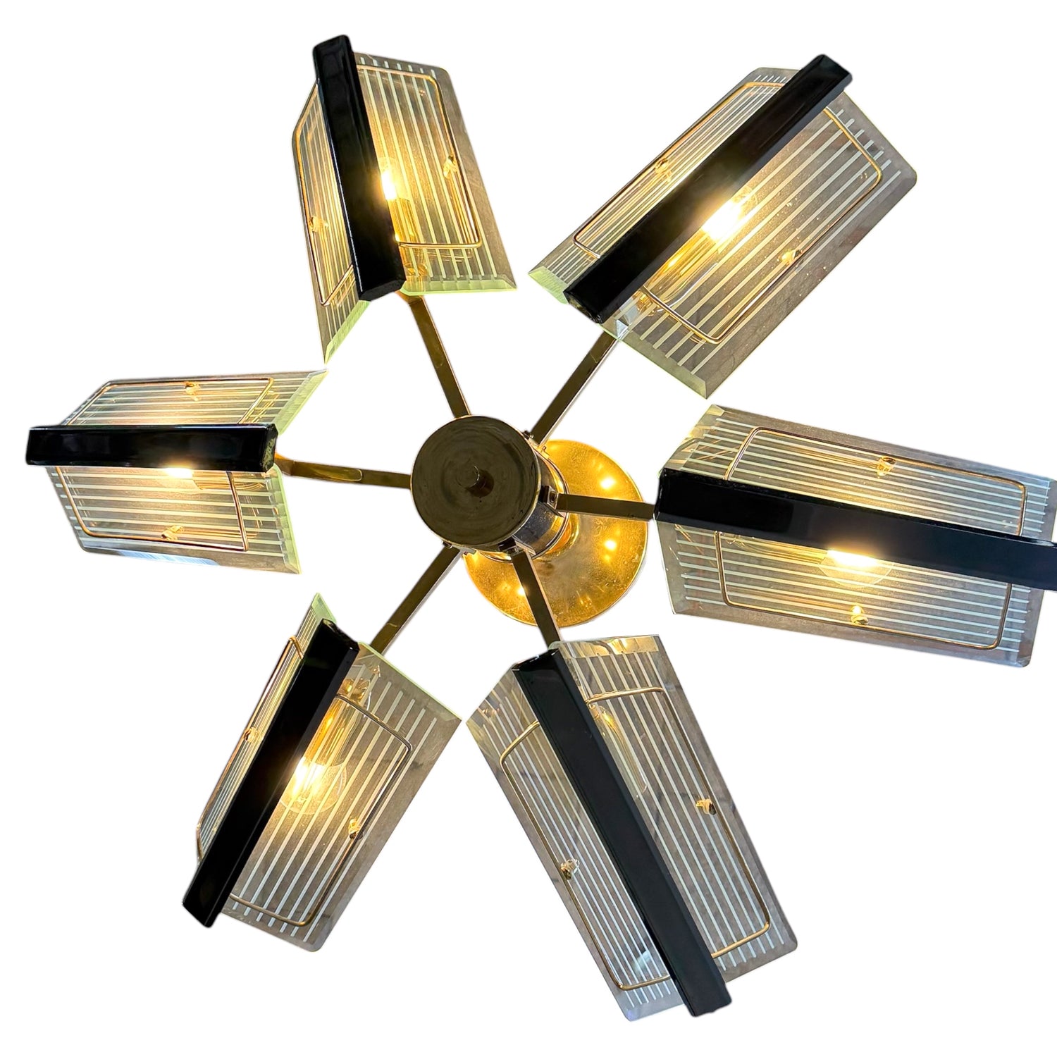 Vintage brass & etched glass chandelier by Massive